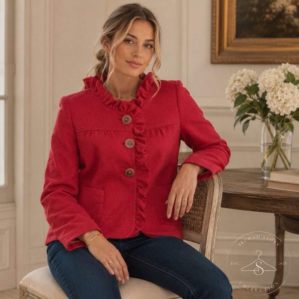 J.Crew Fiona Womens 2 Coral Pink 100% Wool Herringbone Ruffle Blazer Jacket